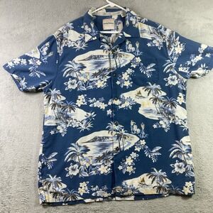 Tommy Bahama Hawaiian Shirt Men Large All Over Print Blue Silk Button Up Casual